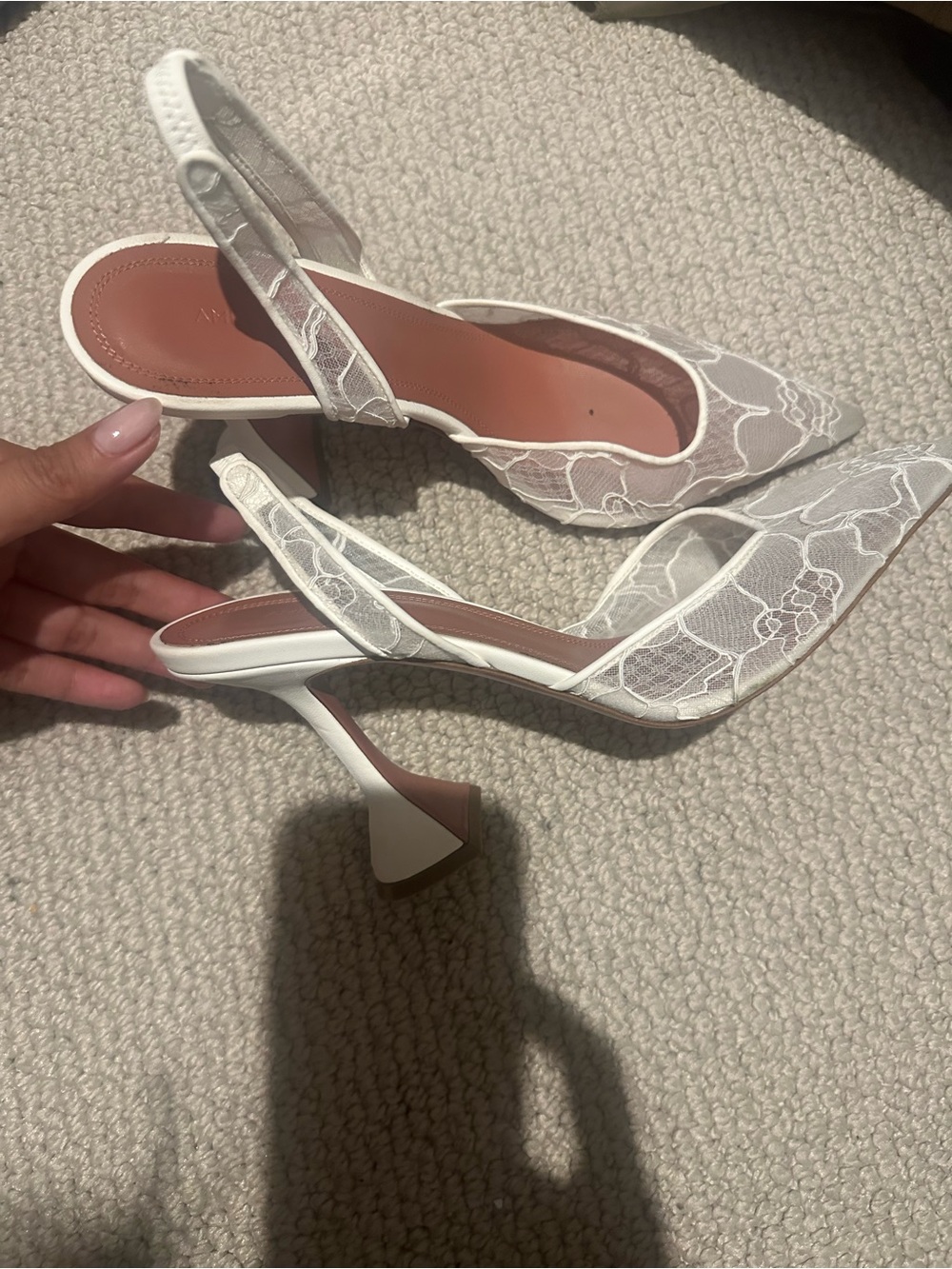 Amina Muaddi White Lace Slingback Pumps